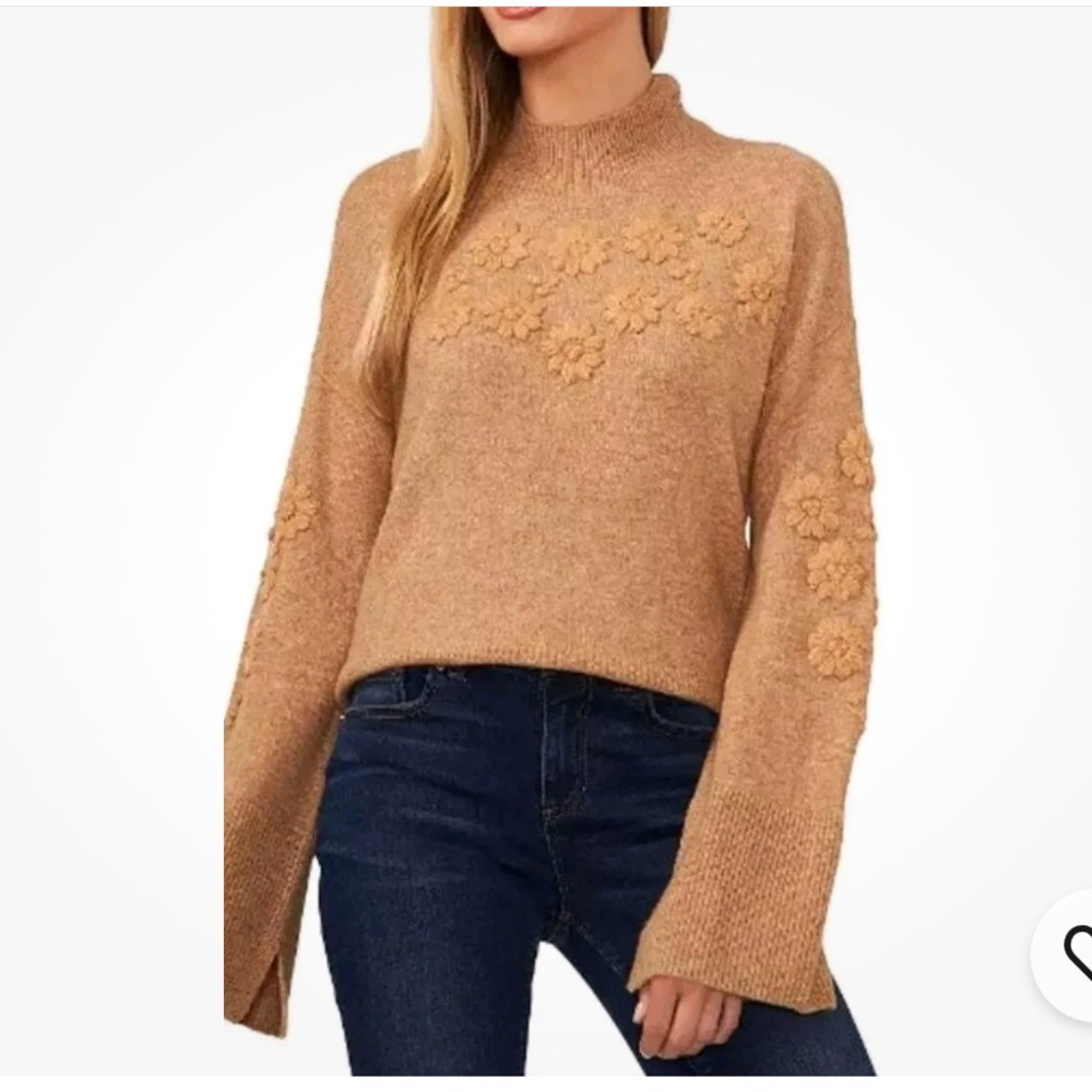 CeCe Tan Knit Sweater Floral Embroidery